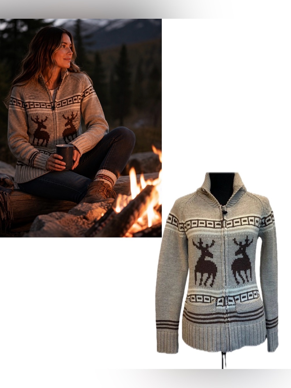 Triple Five Soul beige brown reindeer Zipup jacket wool sweater Sz S - Picture 15 of 15